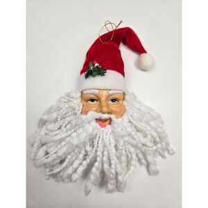 Vintage Santa Claus Head Christmas Ornament Yarn Beard Red Hat Holiday Decor